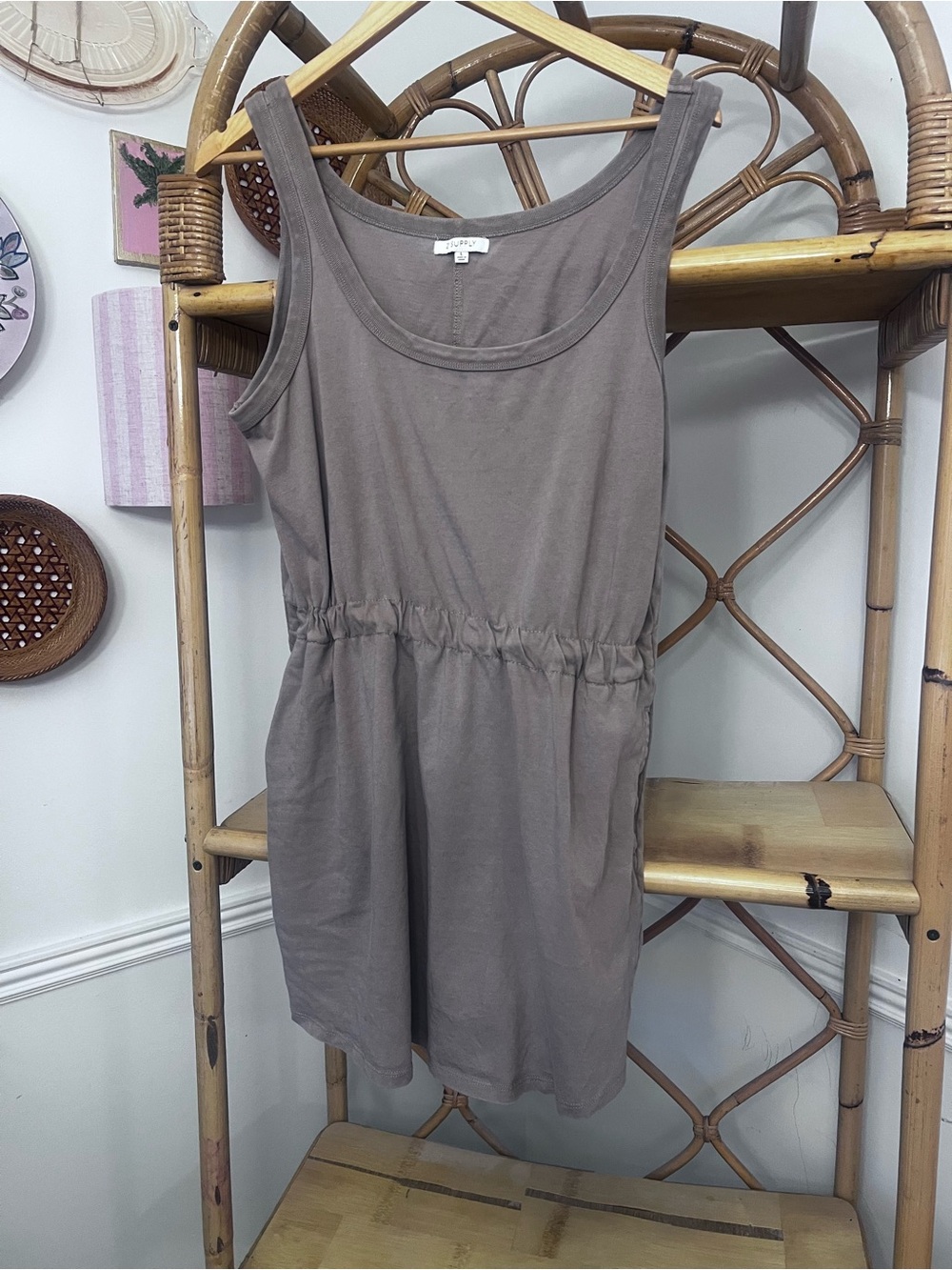 Sleeveless Drawstring Waist Tank Dress - Taupe z supp
